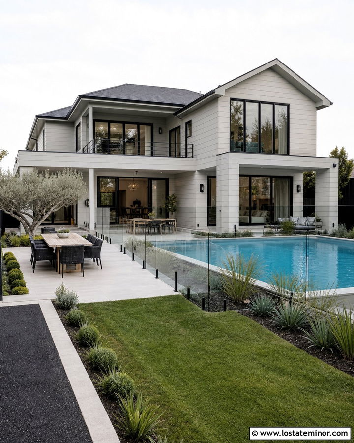 Light Grey House With Glass Pool Fence - 30 Light Grey House Design With Swimming Pool Ideas