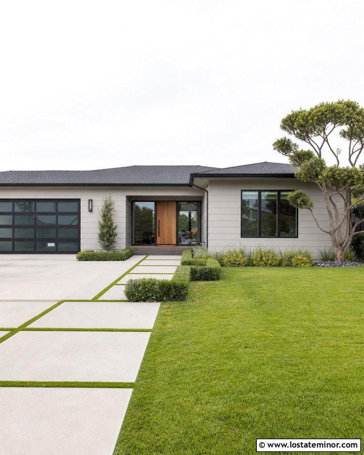 Light Grey House With Grass Joint Pavers - 30 Light Grey House Design With Walkway Ideas