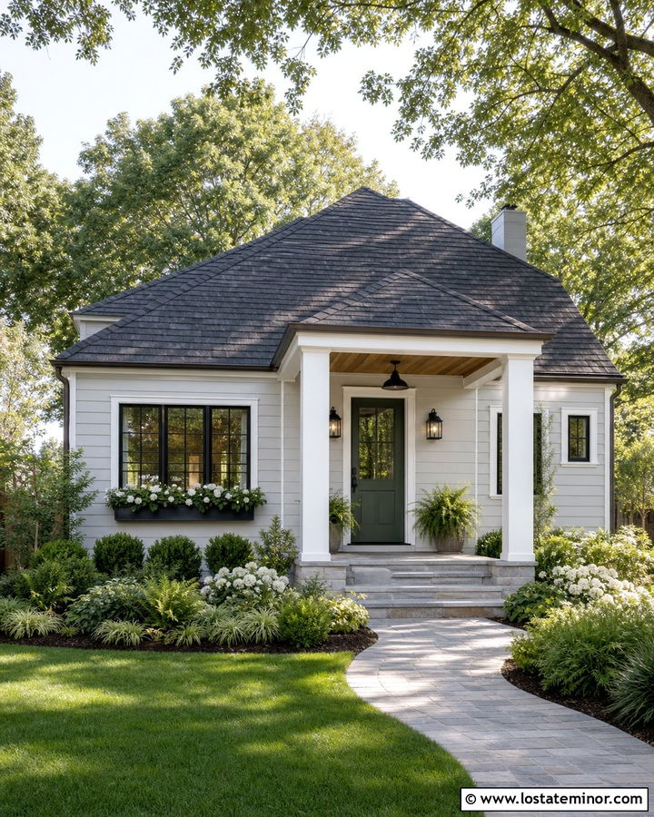 Light Grey House With Green Door Portico - 30 Light Grey House Design With Portico Ideas