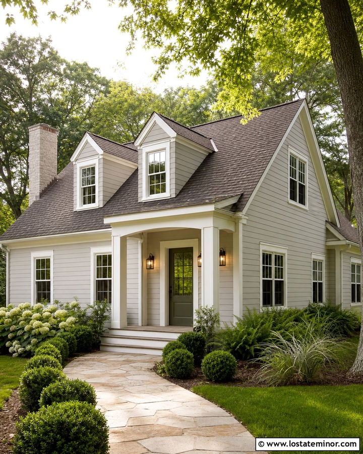 Light Grey House With Green Front Door And Dormers - 30 Light Grey House Design With Dormers Ideas