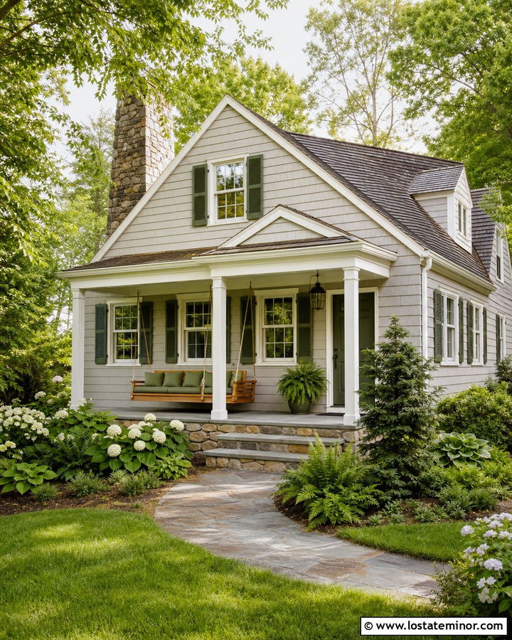 Light Grey House With Green Shutters And Swing - 30 Light Grey House Design With Swing Ideas