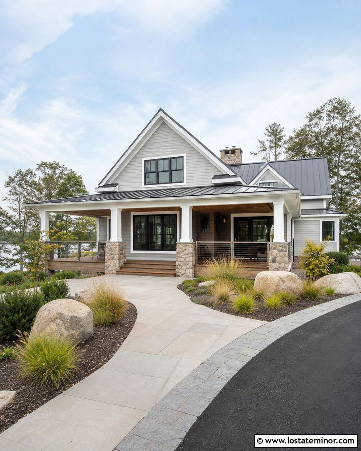 Light Grey House With Grey Stained Porch Ceiling - 30 Light Grey House Design With Porch Ceiling Ideas