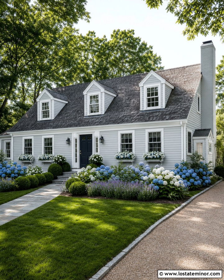 Light Grey House With Hydrangea Front Yard - 30 Light Grey House Design With Landscaping Ideas