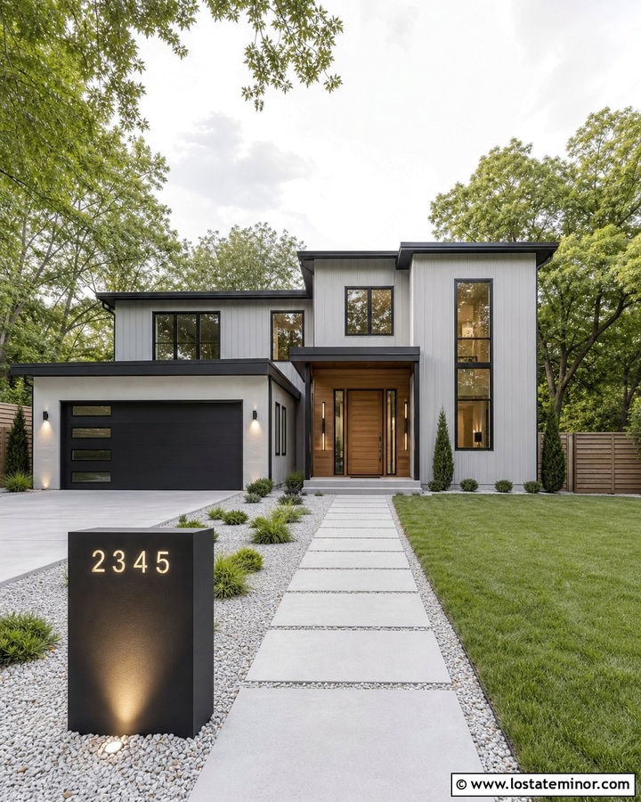 Light Grey House With Illuminated Address Sign - 30 Light Grey House Design With House Numbers Ideas