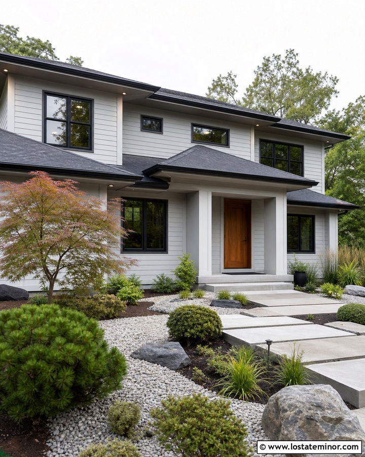 Light Grey House With Japanese Inspired Front Garden - 30 Light Grey House Design With Front Yard Ideas