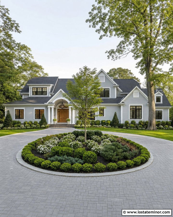Light Grey House With Landscaped Driveway Island - 30 Light Grey House Design With Driveway Ideas