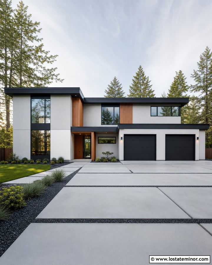 Light Grey House With Large Concrete Slab Driveway - 30 Light Grey House Design With Driveway Ideas
