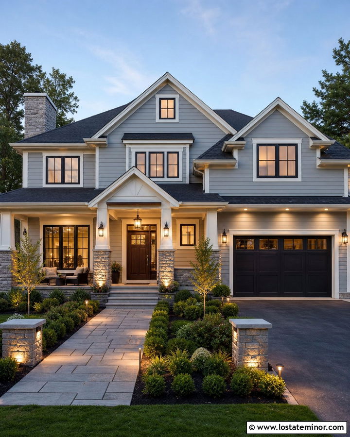 Light Grey House With Layered Exterior Lighting - 30 Light Grey House Design With Lighting Ideas