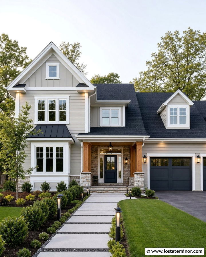 Light Grey House With Layered Exterior Lighting - 30 Light Grey House Design With Light Fixtures Ideas