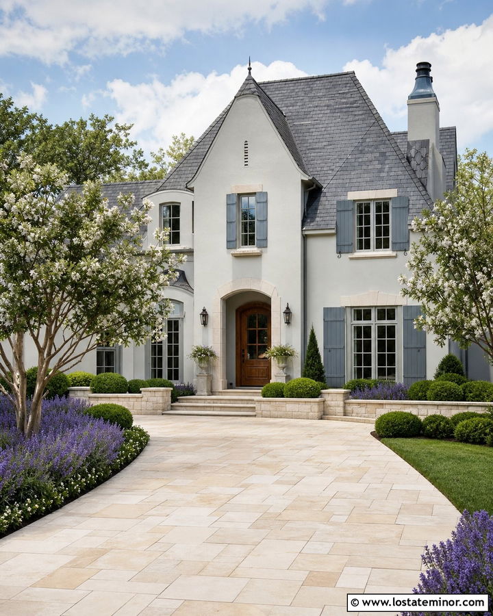 Light Grey House With Limestone Paver Driveway - 30 Light Grey House Design With Driveway Ideas