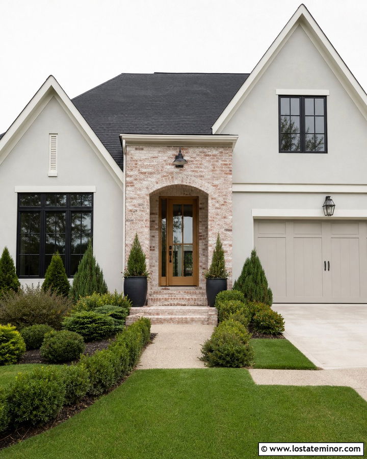 Light Grey House With Limewashed Brick Entry - 30 Light Grey House Design With Brick Accents Ideas