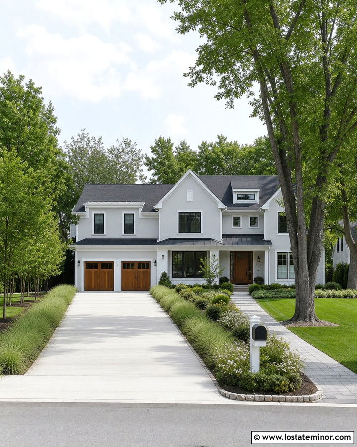 Light Grey House With Long Driveway Landscaping - 30 Light Grey House Design With Front Yard Ideas