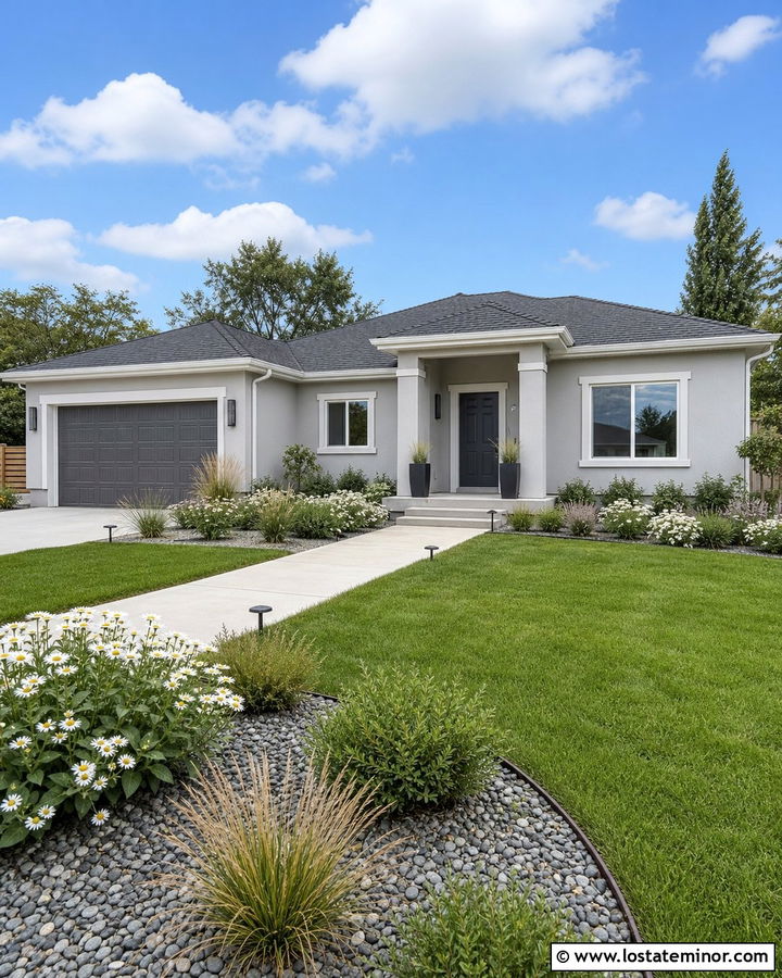 Light Grey House With Low Maintenance Landscaping - 30 Light Grey House Design With Landscaping Ideas