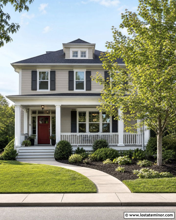 Light Grey House With Maple Tree And Mulch Beds - 30 Light Grey House Design With Front Yard Ideas