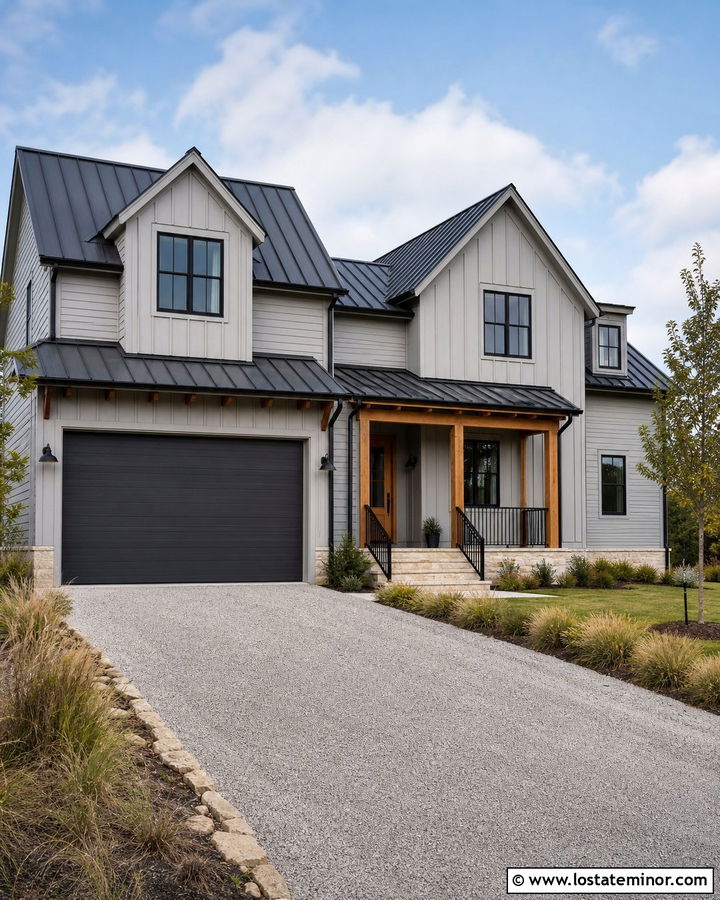 Light Grey House With Metal Roof And Charcoal Garage Door - 30 Light Grey House Design With Garage Door Ideas