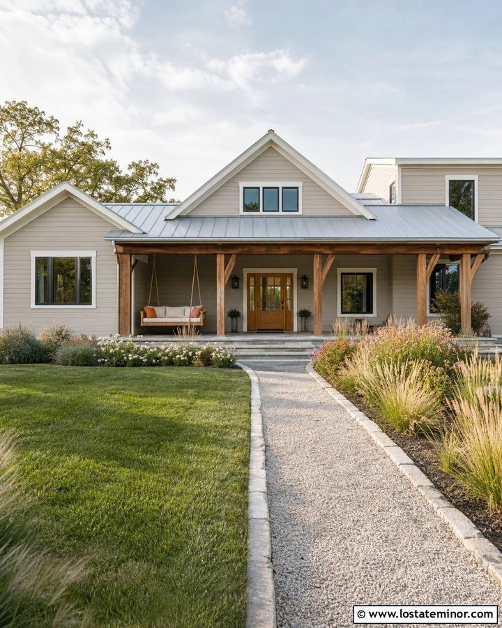 Light Grey House With Metal Roof And Rope Swing - 30 Light Grey House Design With Swing Ideas