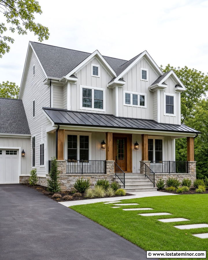 Light Grey House With Metal Roof Front Porch - 30 Light Grey House Design With Front Porch Ideas