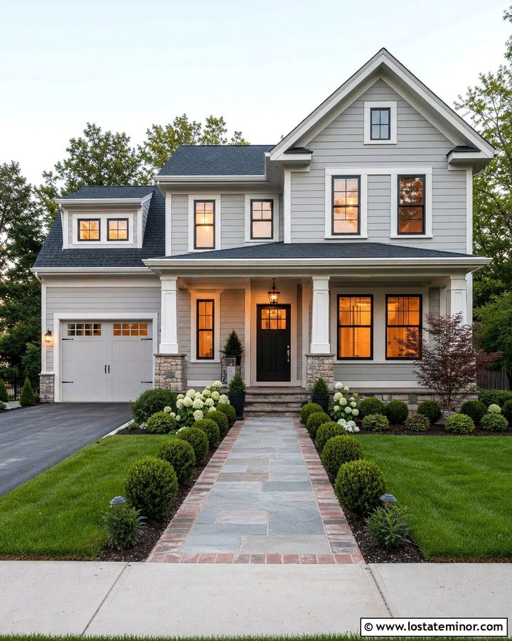 Light Grey House With Mixed Brick And Stone Walkway - 30 Light Grey House Design With Walkway Ideas
