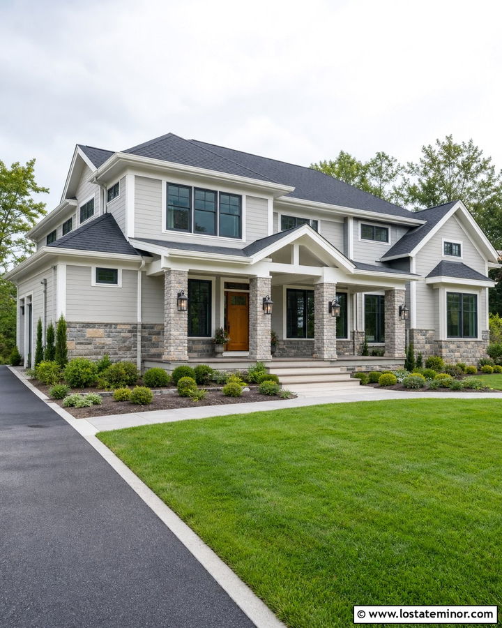 Light Grey House With Mixed Stone Wainscoting - 30 Light Grey House Design With Wainscoting Ideas