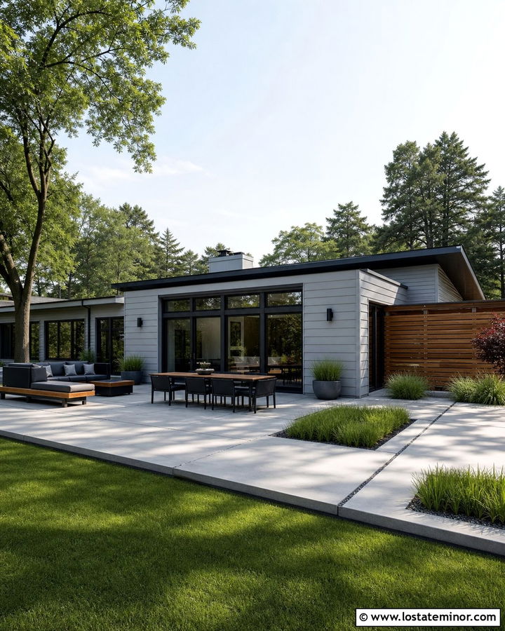 Light Grey House With Modern Concrete Patio - 30 Light Grey House Design With Backyard Ideas