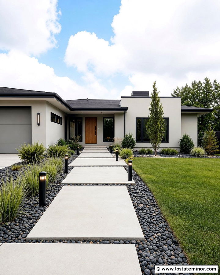 Light Grey House With Modern Concrete Walkway - 30 Light Grey House Design With Walkway Ideas