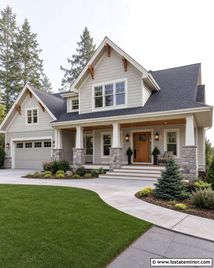 Light Grey House With Natural Cedar Porch Ceiling - 30 Light Grey House Design With Porch Ceiling Ideas