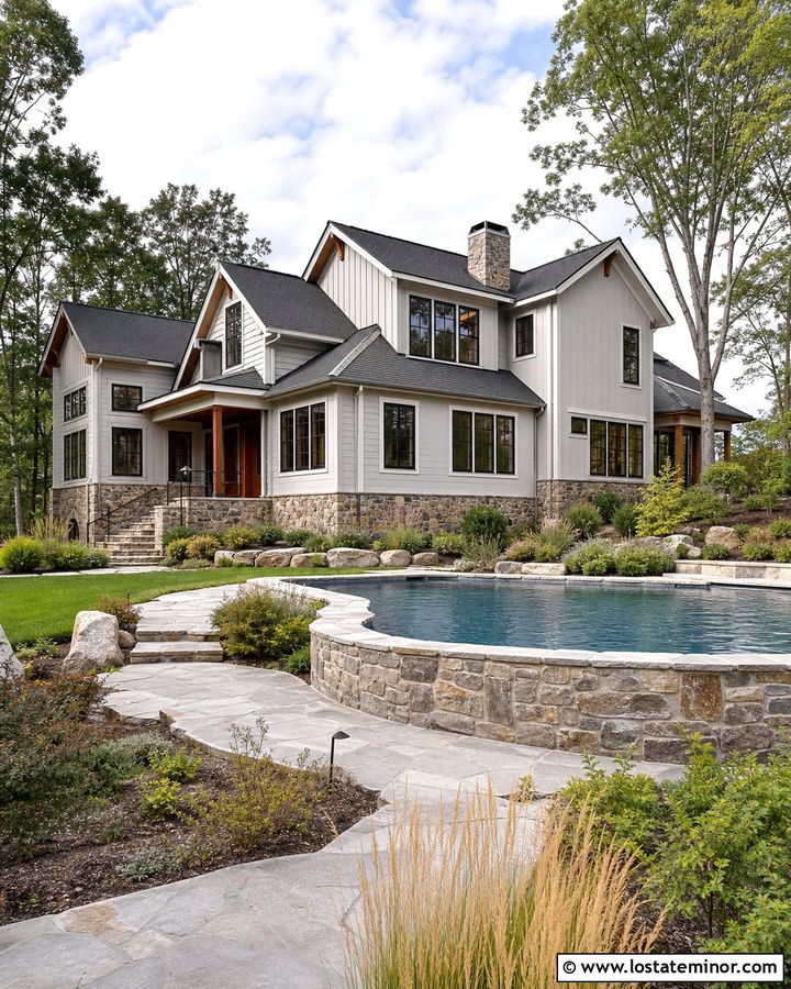 Light Grey House With Natural Stone Pool - 30 Light Grey House Design With Swimming Pool Ideas