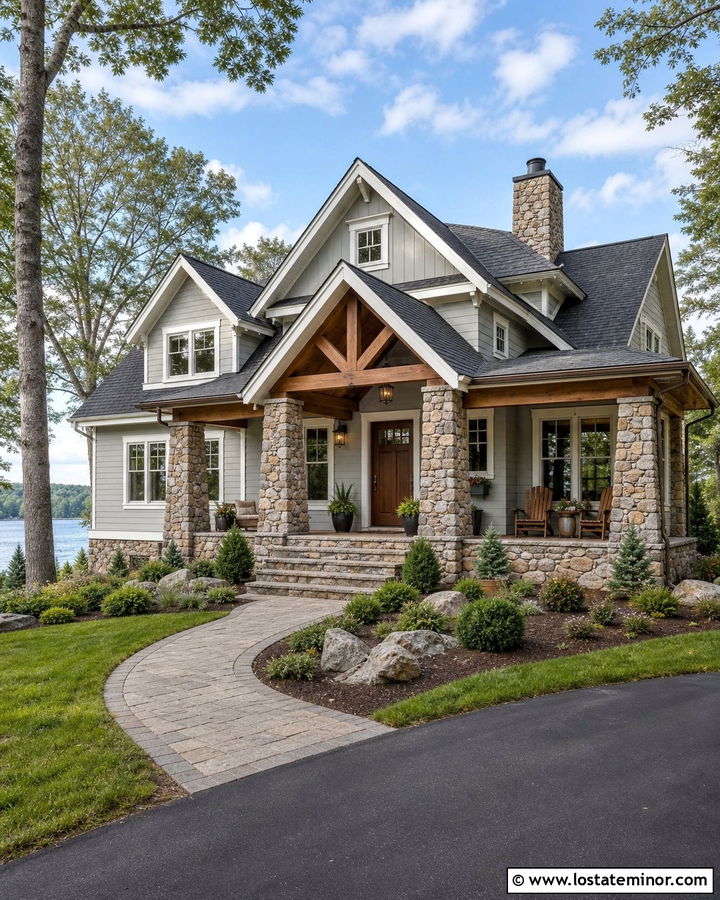 Light Grey House With Natural Stone Porch Columns - 30 Light Grey House Design With Porch Columns Ideas