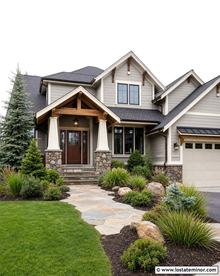 Light Grey House With Natural Wood Front Door - 30 Light Grey House Design With Front Door Ideas