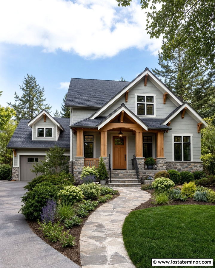 Light Grey House With Natural Wood Front Door - 30 Light Grey House Design With Entry Door Ideas