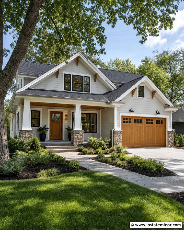 Light Grey House With Natural Wood Garage Door - 30 Light Grey House Design With Garage Door Ideas