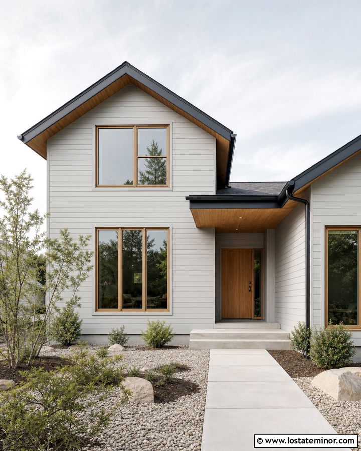 Light Grey House With Natural Wood Window Frames - 30 Light Grey House Design With Window Frames Ideas