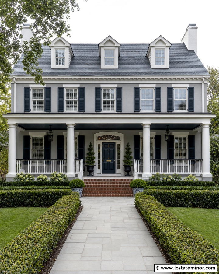 Light Grey House With Navy Blue Porch Ceiling - 30 Light Grey House Design With Porch Ceiling Ideas