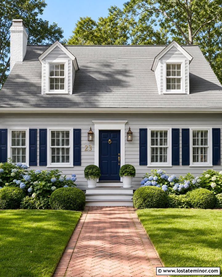 Light Grey House With Navy Door And Gold Numbers - 30 Light Grey House Design With House Numbers Ideas