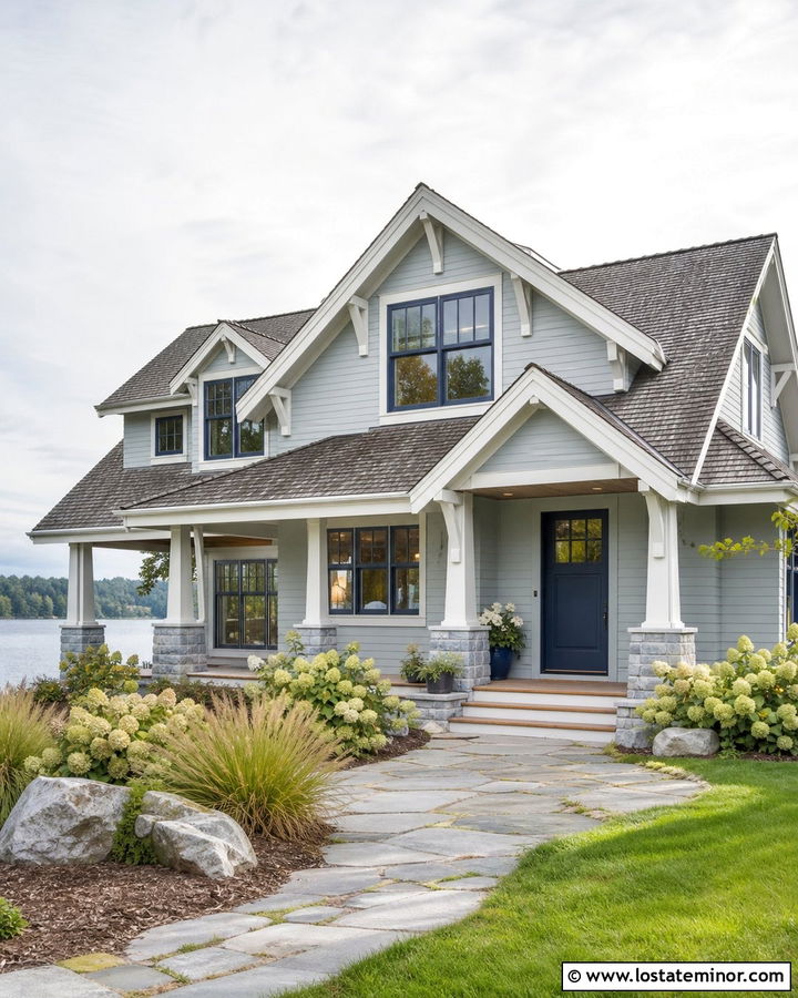 Light Grey House With Navy Frames And Stone - 30 Light Grey House Design With Window Frames Ideas