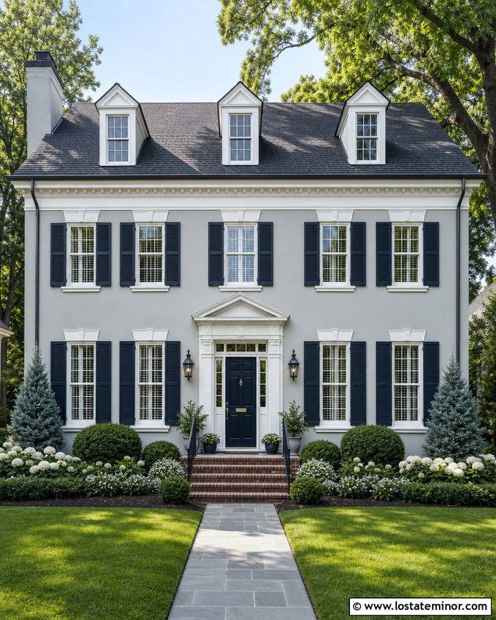 Light Grey House With Navy Shutters And Dormers - 30 Light Grey House Design With Dormers Ideas