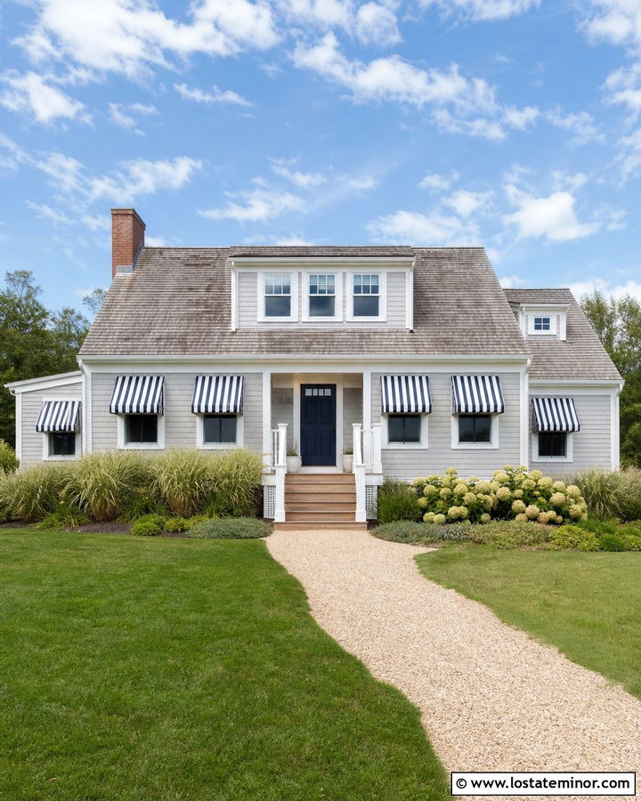 Light Grey House With Navy Striped Canvas Awning - 30 Light Grey House Design With Awning Ideas