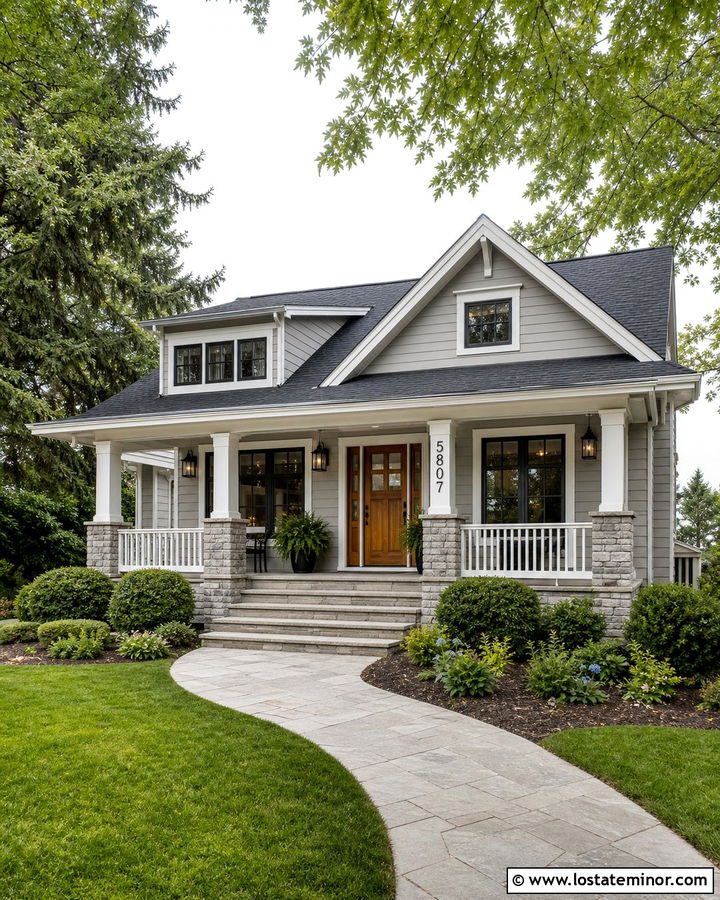 Light Grey House With Numbers On A Porch Column - 30 Light Grey House Design With House Numbers Ideas