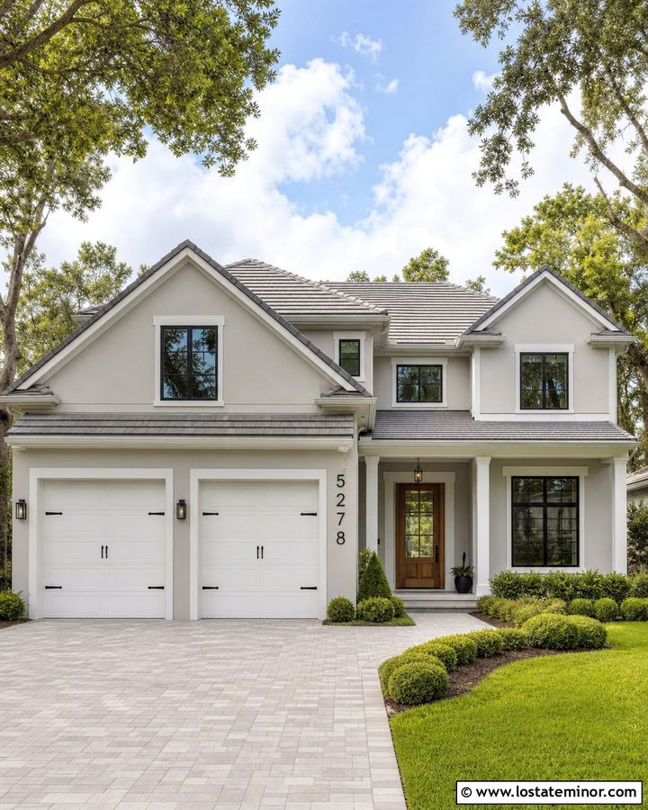 Light Grey House With Numbers On Garage Column - 30 Light Grey House Design With House Numbers Ideas