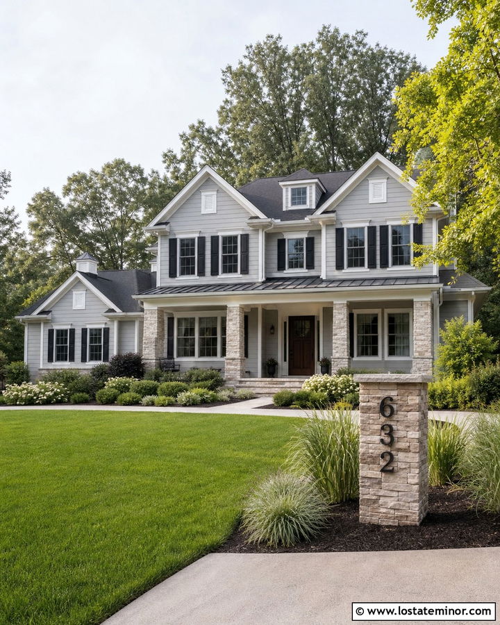 Light Grey House With Numbers On Stone Column - 30 Light Grey House Design With House Numbers Ideas