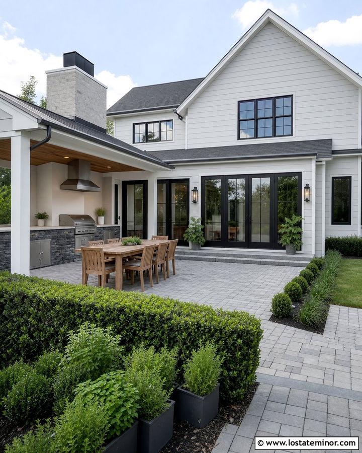 Light Grey House With Outdoor Kitchen - 30 Light Grey House Design With Backyard Ideas