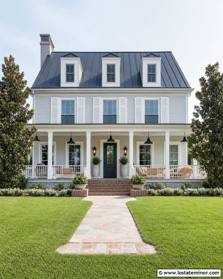 Light Grey House With Oversized Porch Pendants - 30 Light Grey House Design With Light Fixtures Ideas