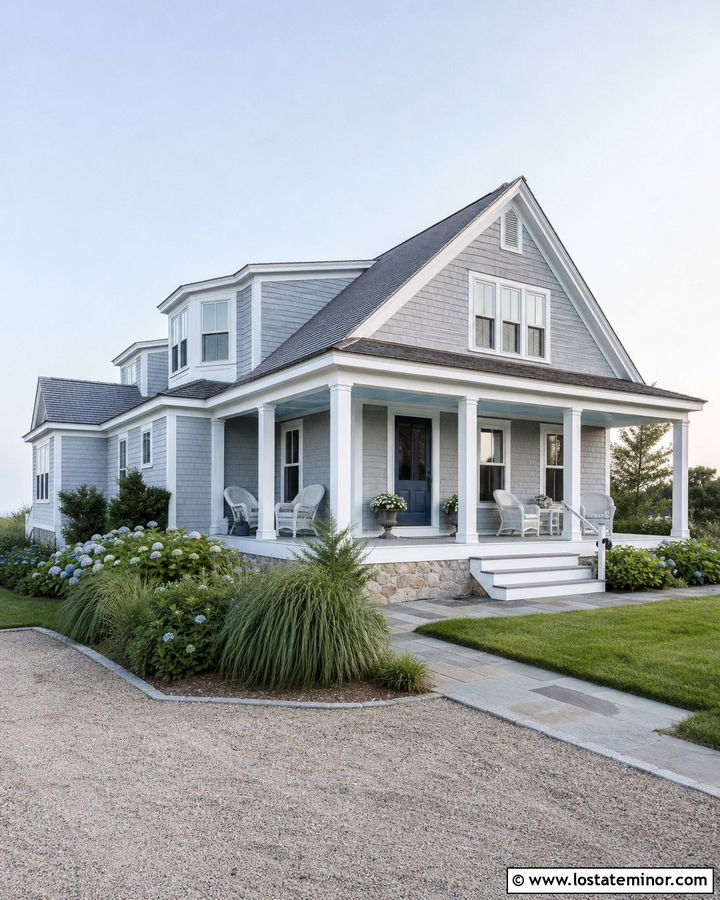 Light Grey House With Pale Blue Porch Ceiling - 30 Light Grey House Design With Porch Ceiling Ideas