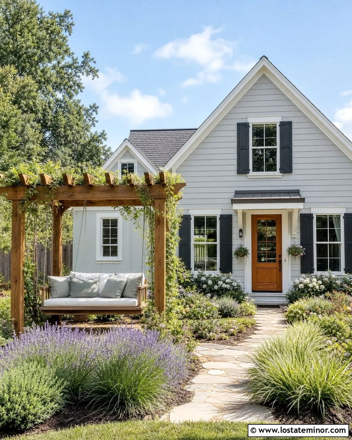 Light Grey House With Pergola Garden Swing - 30 Light Grey House Design With Swing Ideas