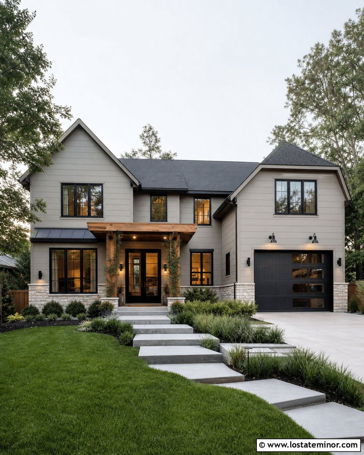 Light Grey House With Pergola Lighting - 30 Light Grey House Design With Lighting Ideas