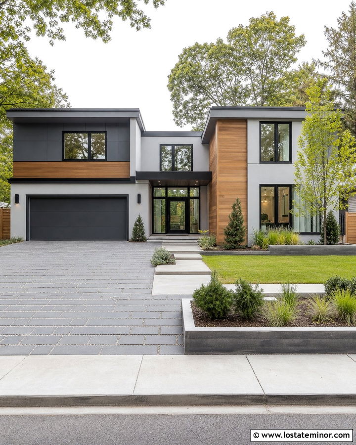 Light Grey House With Permeable Paver Driveway - 30 Light Grey House Design With Driveway Ideas