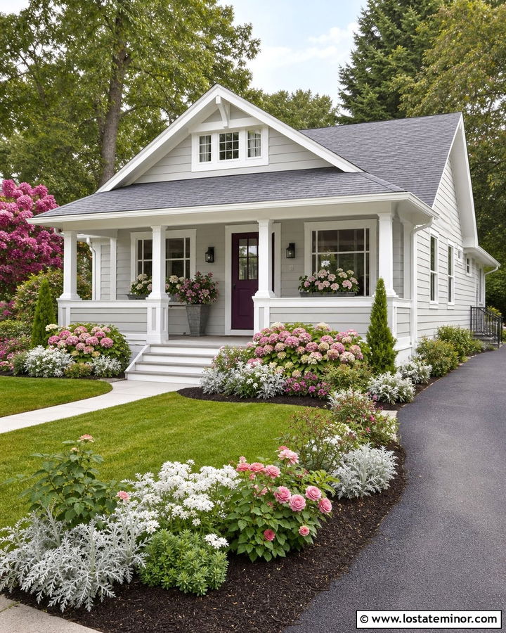 Light Grey House With Pink Flowering Landscaping - 30 Light Grey House Design With Landscaping Ideas