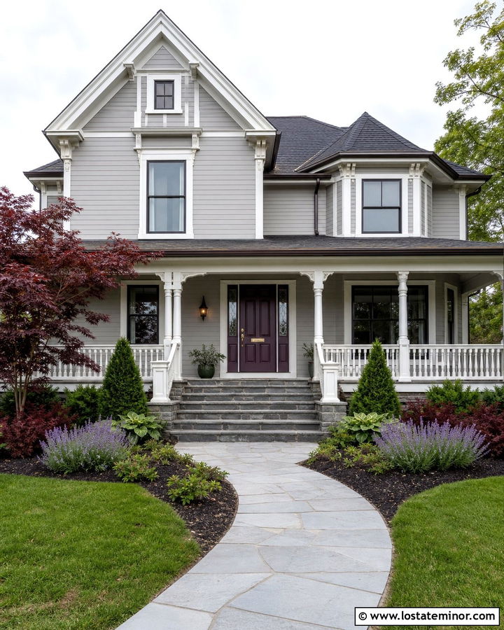 Light Grey House With Plum Front Door - 30 Light Grey House Design With Entry Door Ideas