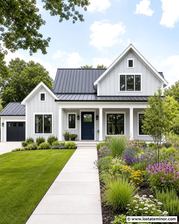 Light Grey House With Pollinator Garden Landscaping - 30 Light Grey House Design With Landscaping Ideas