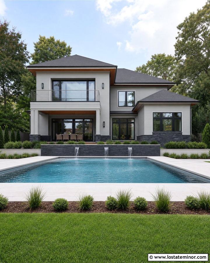 Light Grey House With Pool Water Feature - 30 Light Grey House Design With Swimming Pool Ideas